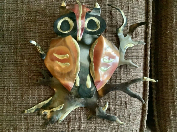 Vtg pair Mid Century HOMCO Brass & Copper Metal Owl Pair tin Wall Art sculpture