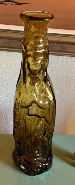Vintage Figural Glass Bottle Virgin Mary Blessed Mother Lady Madonna Amber Italy