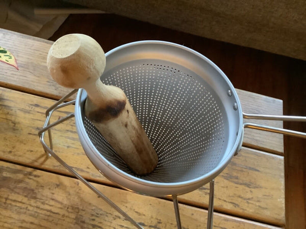 Vintage Aluminum Cone Colander with Stand & Wood Pestle Canning Strainer Sieve