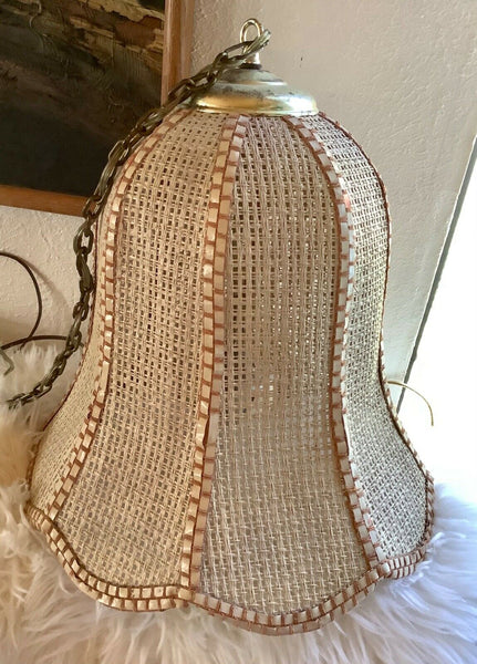Vintage 70's MCM Boho Wicker Rattan Hanging Swag Lamp Danish Mid century retro