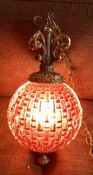 Vtg MCM Retro Purple amethyst Glass orb Hanging Swag Light Fixture mid century