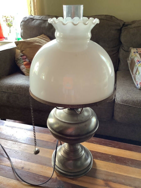 Vtg antique silver Hurricane Oil Electric Lamp milk Glass shade globe chimney