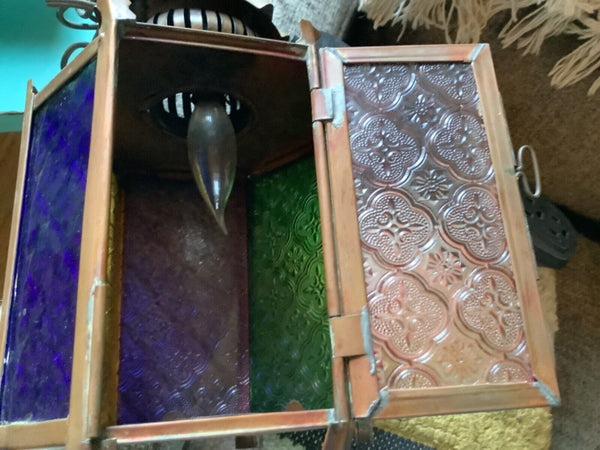 Vtg metal Brass Mid Century Light Fixture lamp swag stained glass lantern patio