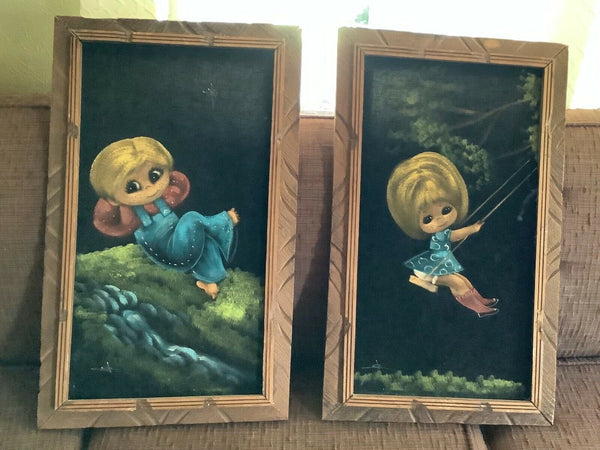 Vintage Mid Century frame Black Velvet Painting big eyed Girls Wall Signed retro