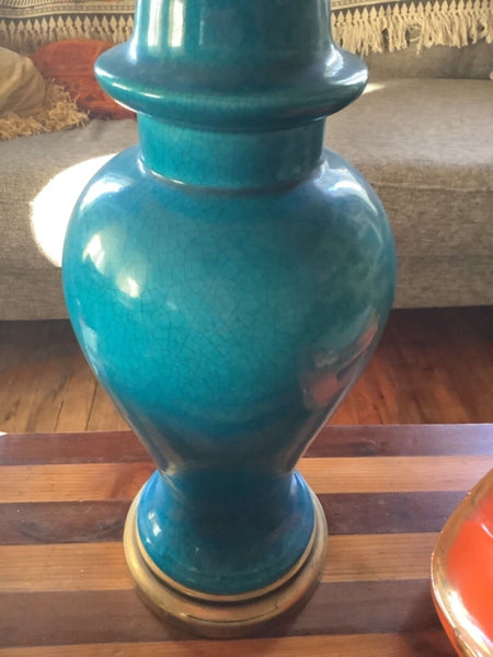 Vtg mid Century modern Glazed Ceramic Art Pottery Blue Table  Lamp ginger jar