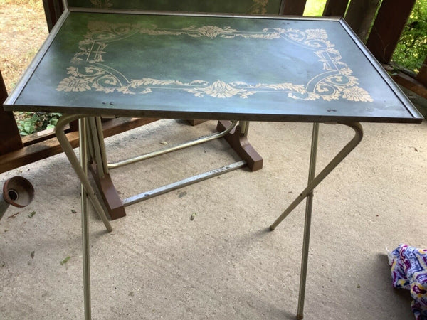 Vtg mid century Modern Set of 4 Metal TV Trays stand cart Green Gold MCM table
