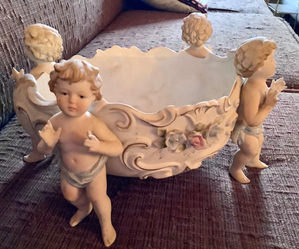 Antique Vtg Figurine Bowl Planter Dove Cherub Floral porcelain roses gold putti