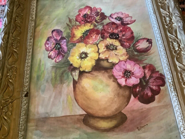 Vtg antique gesso gold gilt frame Framed Print  Flowers floral vase still life