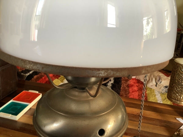 Vtg antique silver Hurricane Oil Electric Lamp milk Glass shade globe chimney