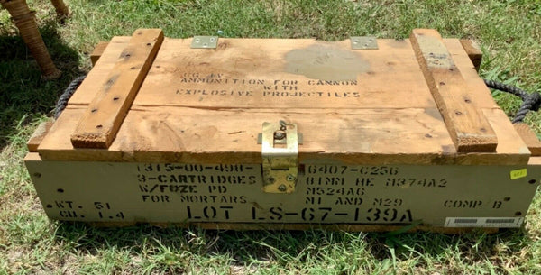 Vtg Ammunition ammo Cannon Box Wood Crate Military Rope handles 26" x 14" x 6"