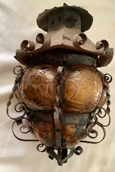 vtg amber glass light fixture globe fixture iron cage mcm bubble candle holder