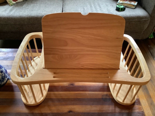 VTg wood BREAKFAST BED TRAY laptop TABLE  POCKETS Magazine rack serving spindle