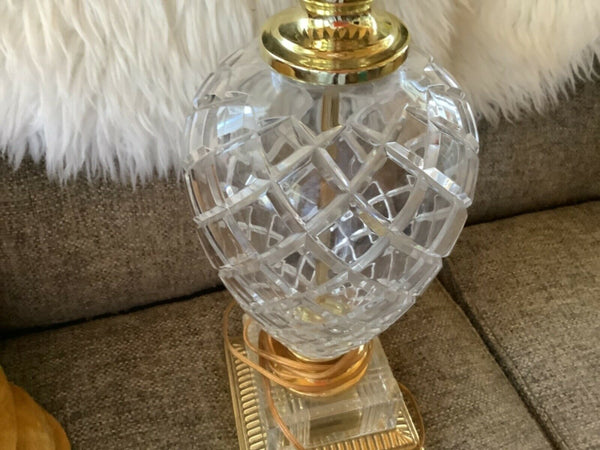 Vtg Pineapple 24% LEAD cut glass CRYSTAL brass TABLE desk LAMP Hollywood regency
