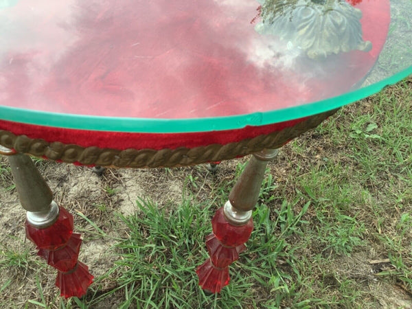 Vtg MID CENTURY Modern mcm pair suede velvet Glass top END side TABLES  red