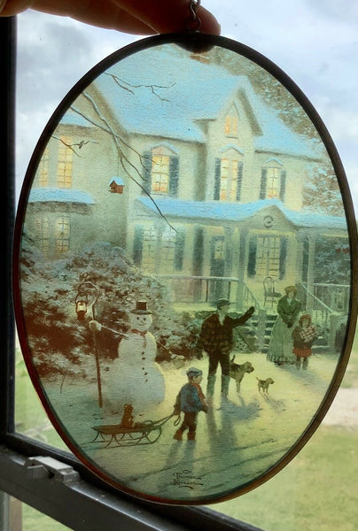 Vtg Thomas Kinkade Oval glass Panel - Suncatcher.