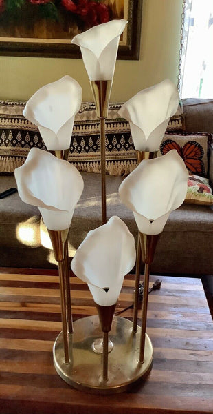 VTG RARE brass MCM 1985 HARRIS INDUSTRIES  5 LIGHT TULIP TABLE LAMP mid century