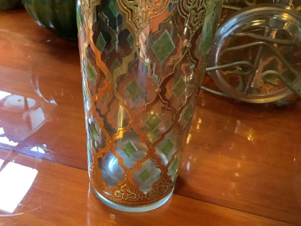 Vtg 4 Culver Valencia 22 kt Gold & Green Highball Tumblers caddy coasters mcm