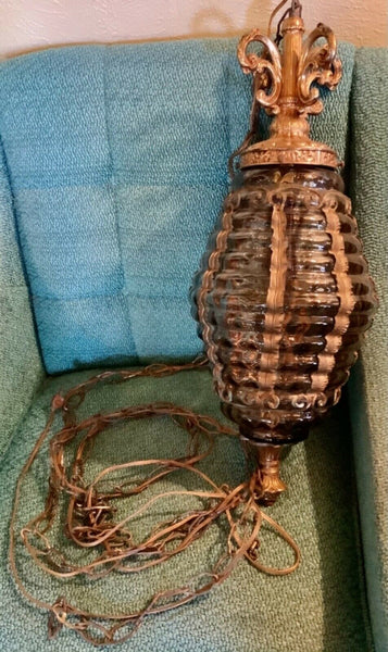 Vintage Smokey glass swag light hanging pendant lamp gothic mid century Modern
