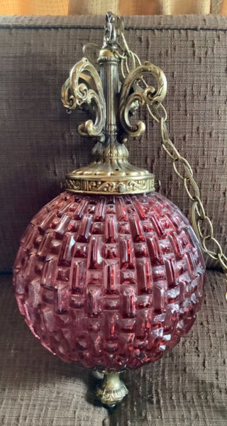 Vtg MCM Retro Purple amethyst Glass orb Hanging Swag Light Fixture mid century