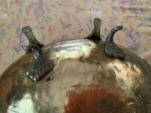 Scalloped brass planter bowl with lion head handles  vintage India