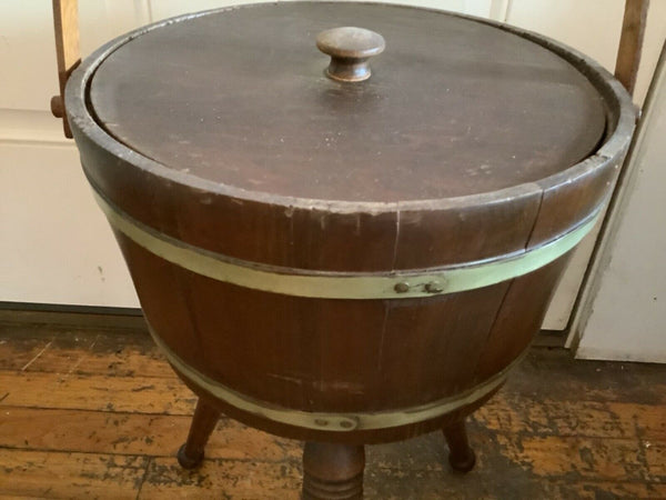Vintage  Mid Century Wood Firkin Bucket SEWING BASKET BOX 3 Legs tripod