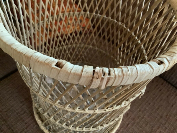Vintage WICKER Trash Can RATTAN Basket BOHO Plant Stand MID-CENTURY Bamboo TABLE