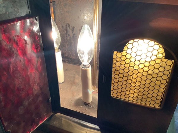 Vtg brass table Lamp Mid Century Modern Stained glass door house shaped lantern