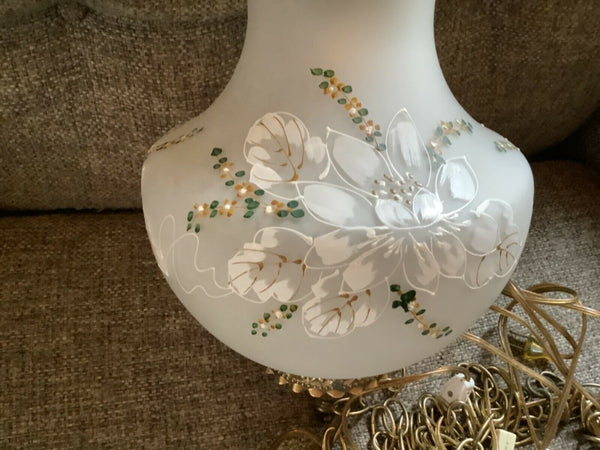 White Satin Glass Hand Painted Flowers Hanging Swag Lamp Light Vtg mid century
