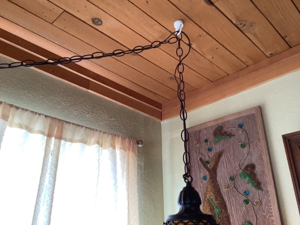 Vtg Mid Century modern Retro Hanging Swag Light Lamp Amber Glass globe mcm