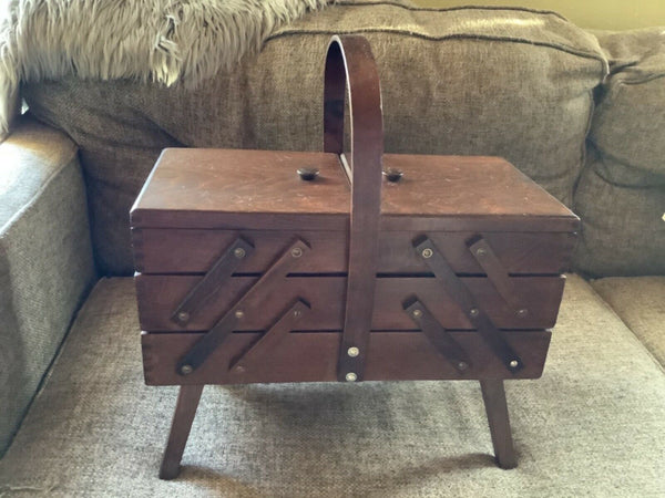 VTG Mid Century Strommen Bruk Hamar Norway Accordion Style Wood Sewing Box Chest