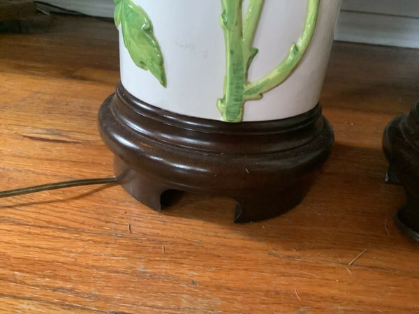 VTg  pair Asian Chinese POTTERY wood ceramic leaf leaves TABLE LAMP mid Century