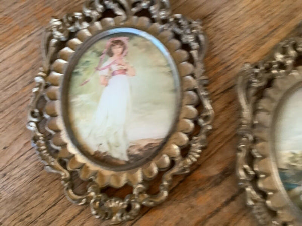 Vtg Pinkie And Blue Boy Pictures In Oval Gold Frame convex bubble glass