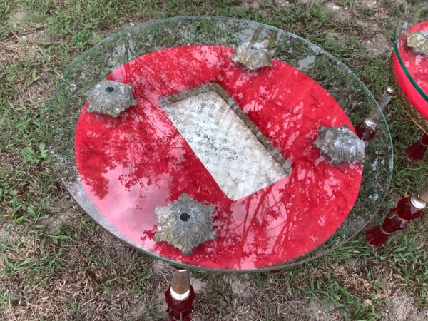 Vtg MID CENTURY Modern mcm pair suede velvet Glass top END side TABLES  red