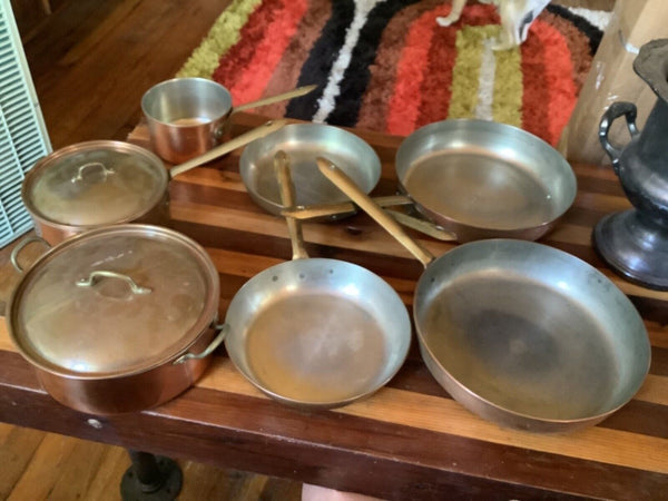 Vtg lot 9 piece Tagus pot cookware set sauce frying pan copper brass