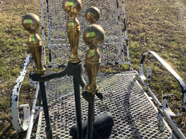 Vintage Small  Brass and Cast Iron Heavy Fireplace Tool Set