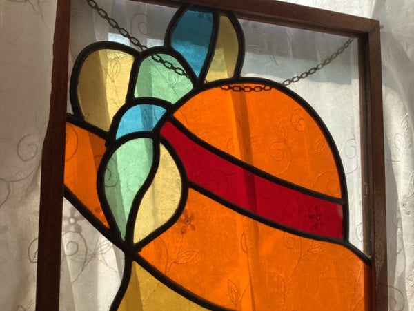 Vtg  STAINED Leaded GLASS WOOD FRAME framed WINDOW sun catcher lady woman