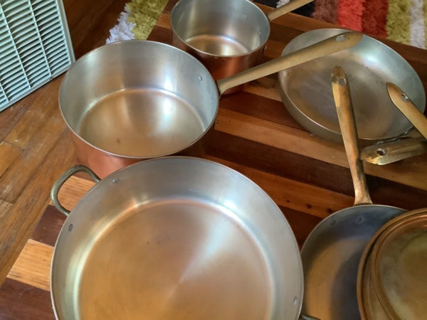 Vtg lot 9 piece Tagus pot cookware set sauce frying pan copper brass