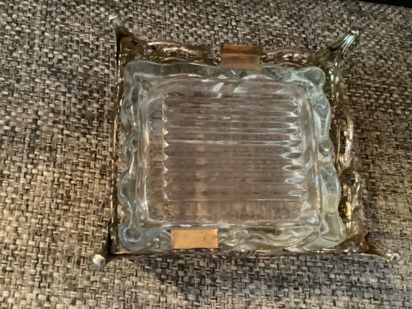 Vtg Jar Brass vanity pressed cut  Glass trinket Lidded Box chest casket filigree