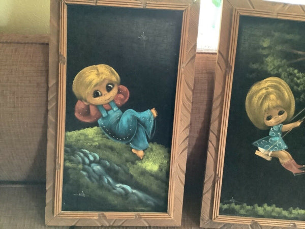 Vintage Mid Century frame Black Velvet Painting big eyed Girls Wall Signed retro