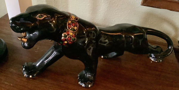 MCM Vtg Black Panther Statue Gold jewel tone Collar Green Jewel Eyes mid Century
