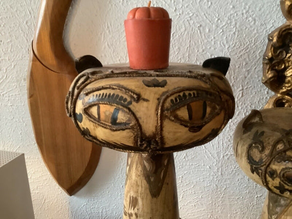 Vtg lot 3 mid century modern retro wood wooden Cat Candleholders candleabra