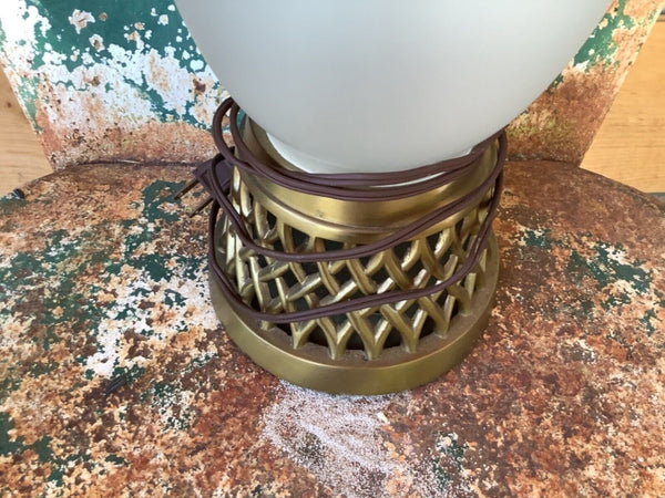 Vtg Table Lamp White Satin frosted Glass Gold Tree Asian Japanese Chinese