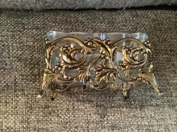 Vtg Jar Brass vanity pressed cut  Glass trinket Lidded Box chest casket filigree