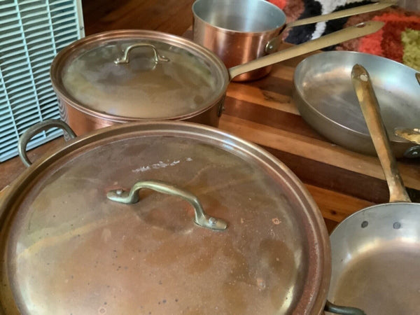 Vtg lot 9 piece Tagus pot cookware set sauce frying pan copper brass