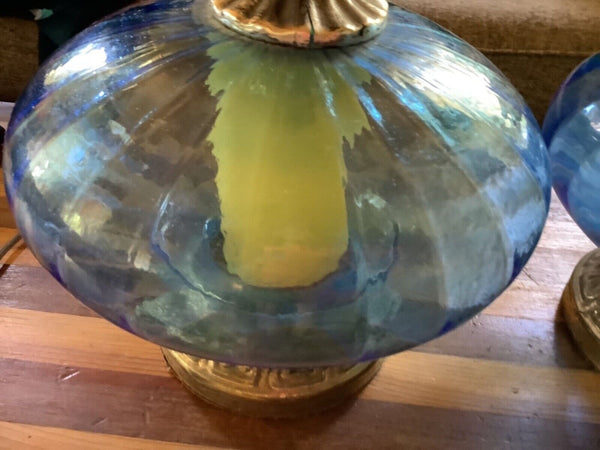 Vtg Pair 2 Mid Century Modern Blue Glass Table Lamp  Retro Hollywood Regency mcm