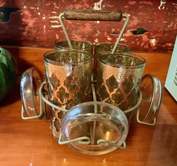 Vtg 4 Culver Valencia 22 kt Gold & Green Highball Tumblers caddy coasters mcm