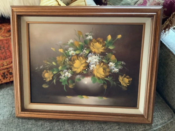 Vtg mid century Oil Canvas Mexico frame Floral flowers framed Art still life
