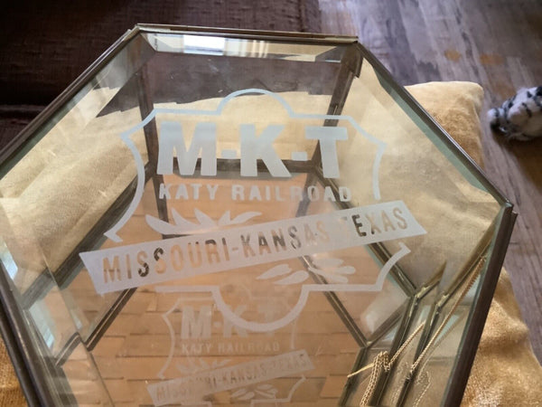 Vtg Brass Glass Jewelry Trinket Curio Display Case Box hexagon MKT railroad