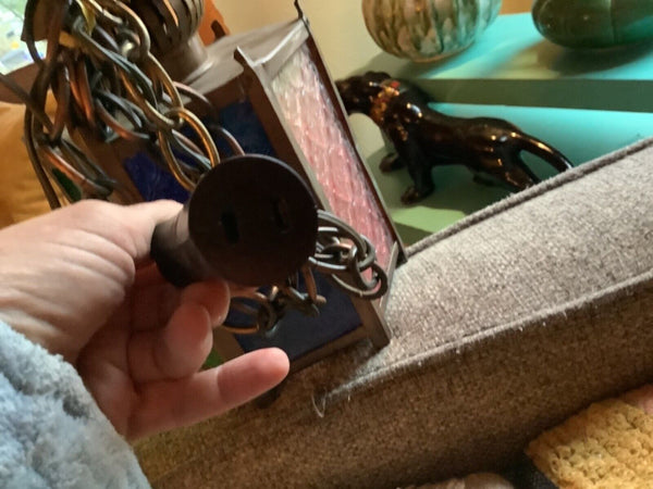 Vtg metal Brass Retro Light Fixture lamp swag stained glass lantern patio mcm