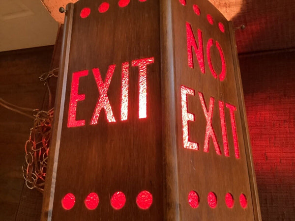Vtg  Red EXIT no exit Sign Vintage mid Century modern hanging swag wood lamp